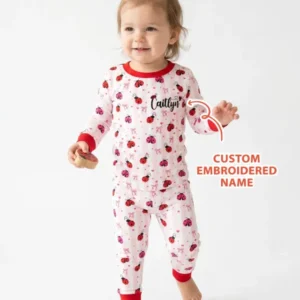 Custom Embroidered Name Ladybug Bamboo Two Piece Long Sleeve Pajama Set