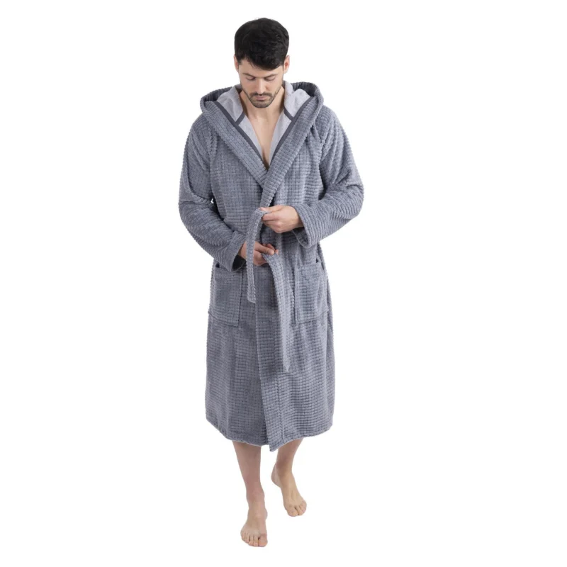 Herren-Bademantel mit Kapuze Waffeloptik Grau