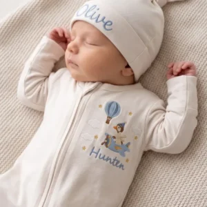 Custom Name Little Aviator Adventure Embroidered Bamboo Zipper Footie