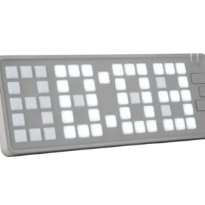 Retro-Tastatur-Wecker mit leuchtendem LED-Matrix-Display, hellgrau, flache Vorderseite.