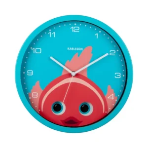 Wanduhr mit türkisfarbenem Rahmen und rotem Fischkopf, bewegliche Augen