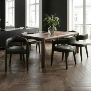 Advik and Caden 7-piece dining set with walnut finish mango wood table and moss vintage faux leather chairs