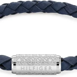 Geflochtenes Lederarmband, dunkelblau geflochten, silbernes Verschlussstück mit Hilfiger-Schrift