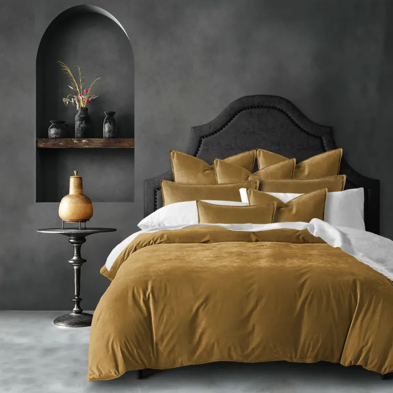 Cascade Velvet COVERLET Set in luxurious velvet fabric on styled bed - Made in Canada