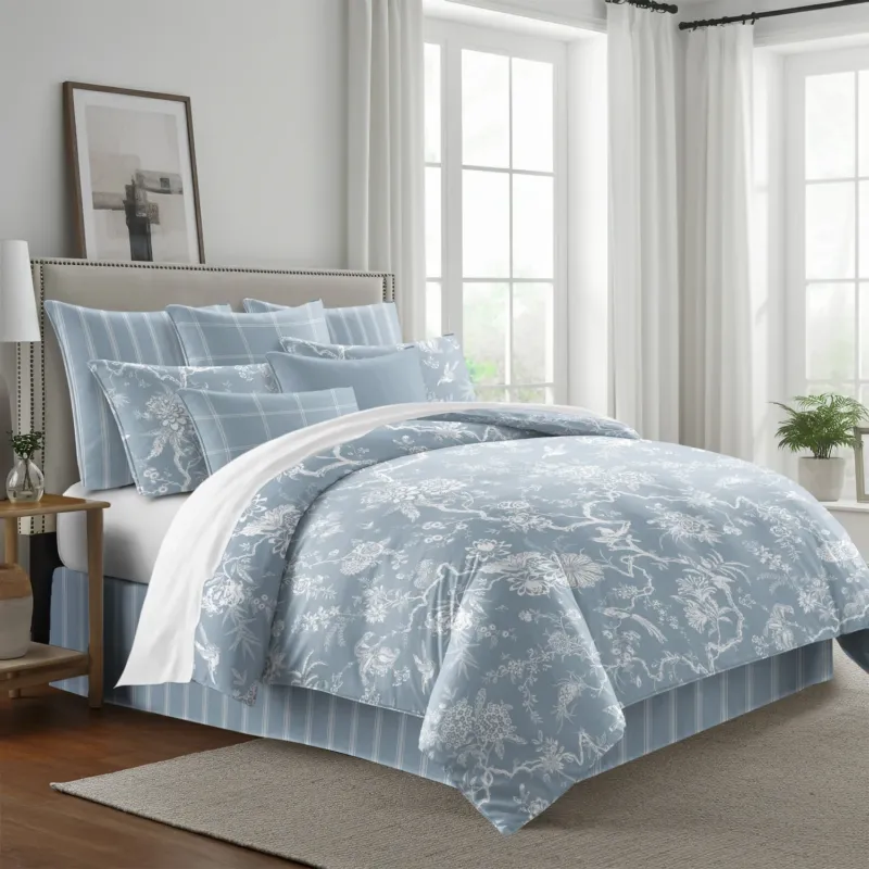 Elwood COVERLET set with lush tree canopy pattern in soothing hues, handcrafted in Canada with cotton twill