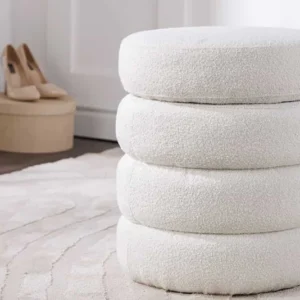 VOGUE Runder Hocker 50cm creme weiß Bouclé Polsterhocker mit Stauraum