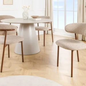 Design Stuhl BELFORT taupe beige Strukturstoff Metallgestell Walnuss