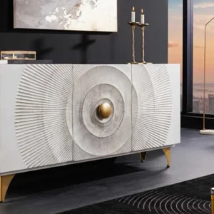 GOLDEN SUNSET Handgearbeitetes Sideboard 140cm weiß mit 3D Schnitzereien gold Mangoholz Metallbeine