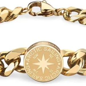 Edelstahl-Armband mit Gliederkette und rundem, graviertem Verschluss in Goldton
