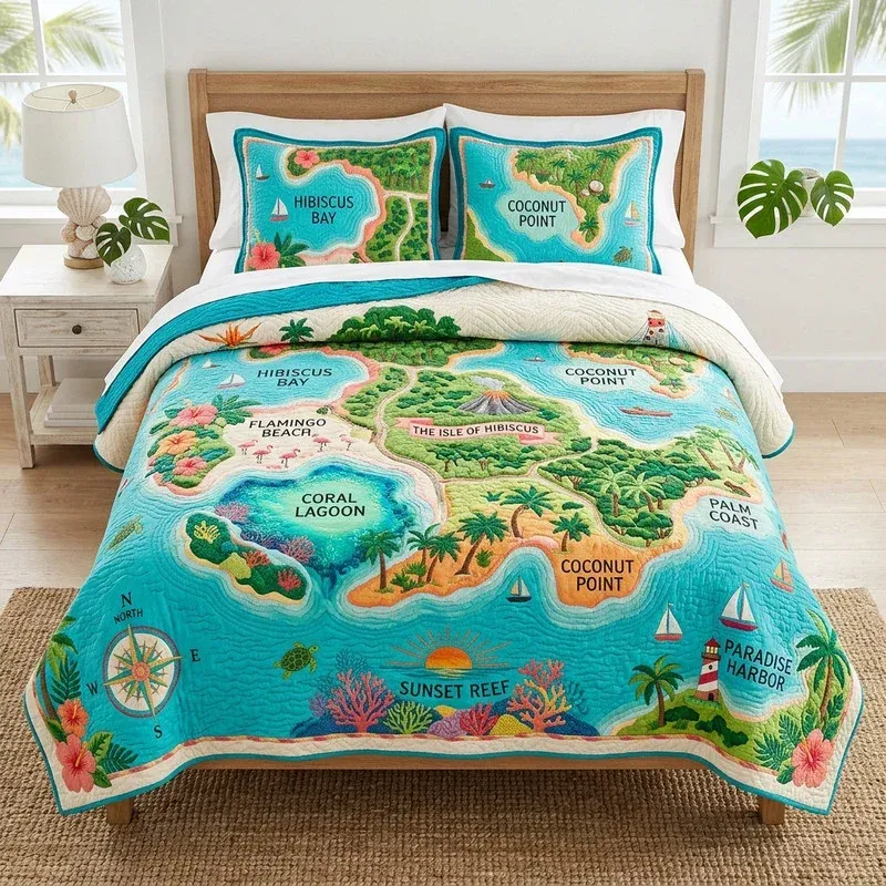 Adventure Map Coastal Bamboo Quilt Bedding Set