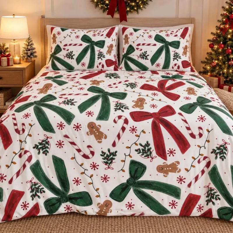 Christmas Bows Candy Canes and Gingerbread Bamboo Bedding Set