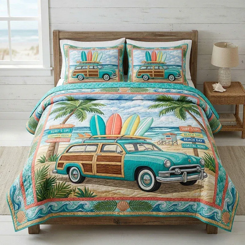 Coastal Surf Car Bamboo Quilt Bedding Set
