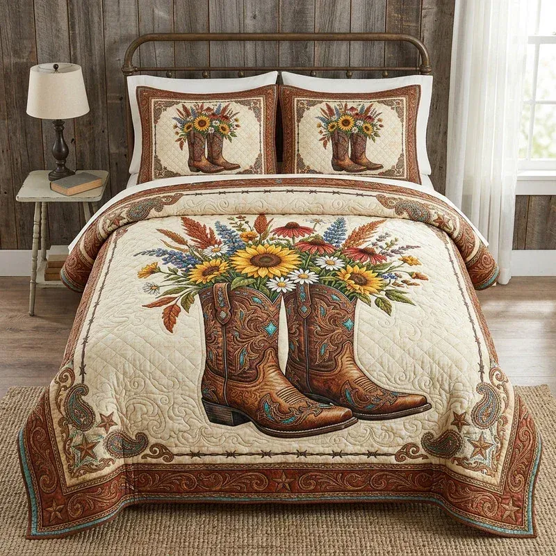 Floral Cowboy Boot Bamboo Quilt Bedding Set
