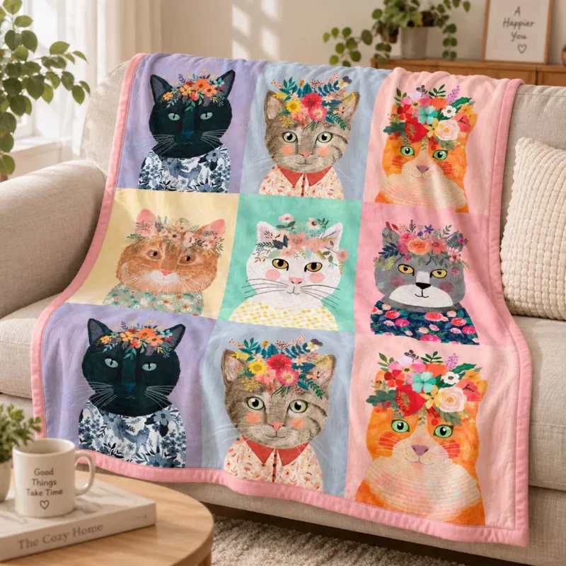 Flower Crown Cats Bamboo Blanket