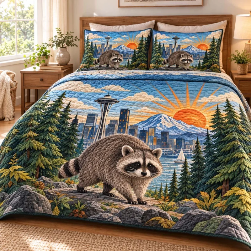 Forest Raccoon Bamboo Quilt Bedding Set