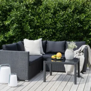 Garten Loungeset Ravello – Ecksofa-Set aus Polyrattan in Schwarz mit Glasplatte