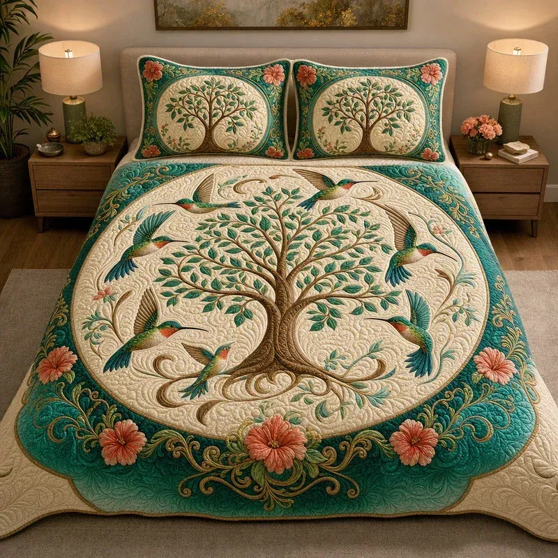 Hummingbird Paradise Tree Bamboo Quilt Bedding Set