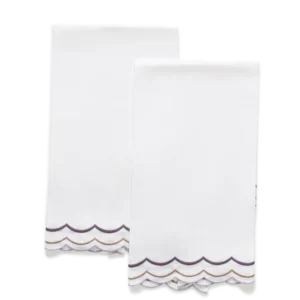 Matouk India Three white guest towels with purple and gold scalloped embroidered trim.