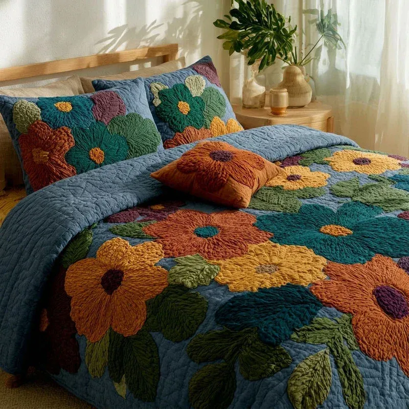 Indigo Daisy Symphony Bamboo Quilt Bedding Set
