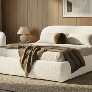 Designer Polsterbett Luma in Bouclé mit Stauraum
