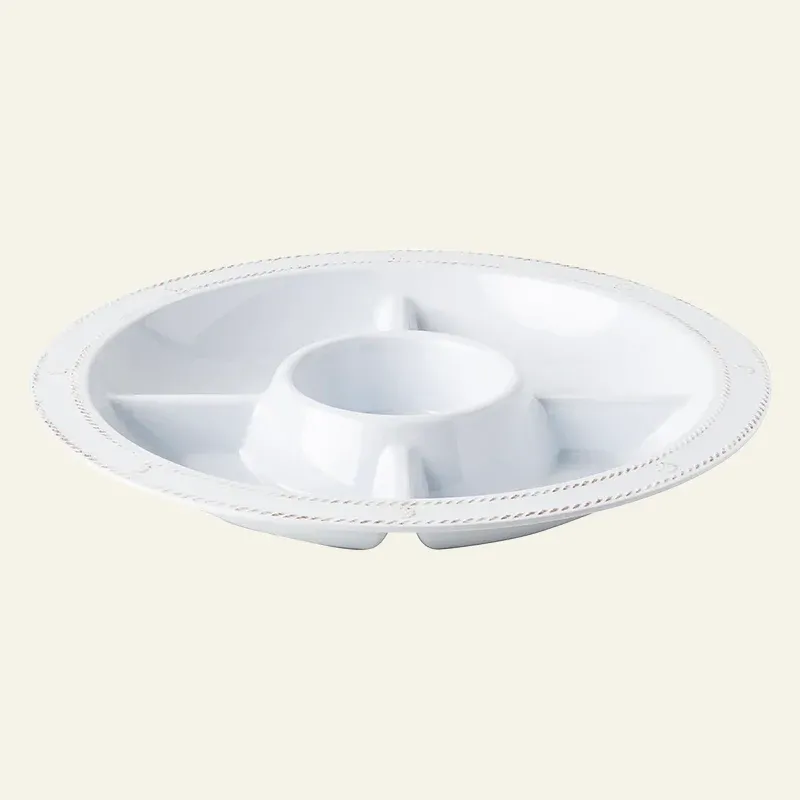 Juliska Berry & Thread white melamine divided crudité platter with beaded rim detail.