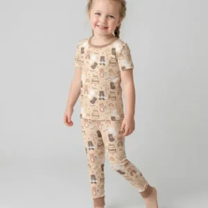 Custom Name Jesus Loves Me Beary Much Bamboo Two Piece Short Sleeve Pajama Set