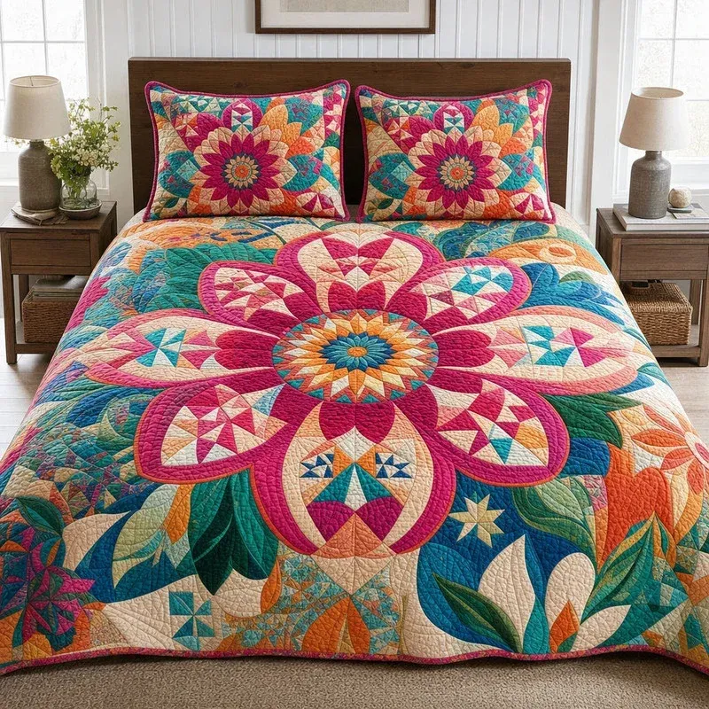 Majestic Flower Patchwork Bamboo Quilt Bedding Set
