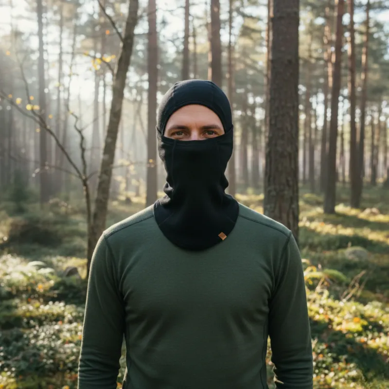 Man in green Merino wool base layer wearing a black balaclava, standing in a sunlit forest.