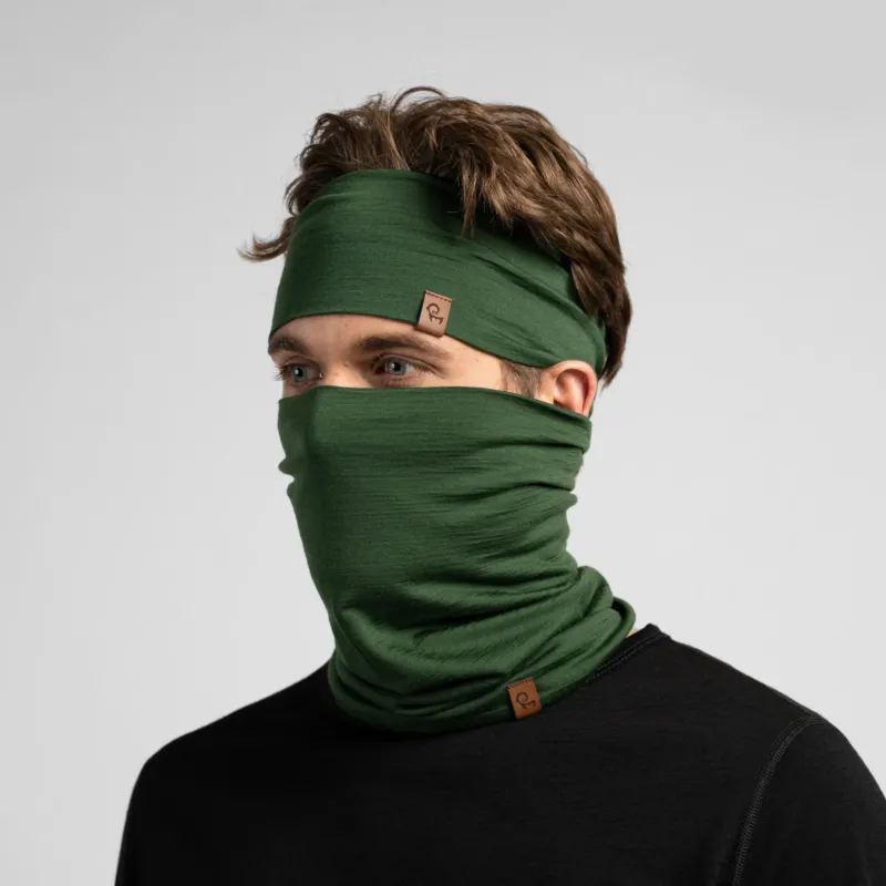 A studio portrait of a man looking off to the left. He is wearing a black long-sleeved shirt, a dark green headband, and a matching dark green neck gaiter pulled up to cover his mouth and nose.