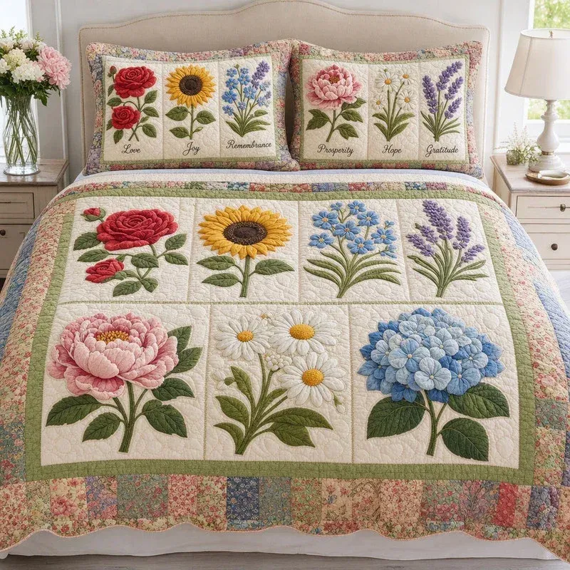 Pastel Petal Ledger Bamboo Quilt Bedding Set