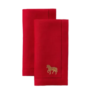 Sferra Year of the Horse dinner napkins in scarlet linen with gold embroidered horse motif.