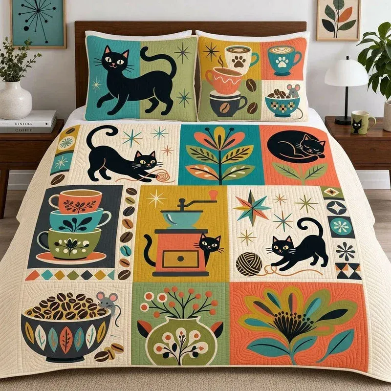 Teal Grinder Meow Bamboo Quilt Bedding Set
