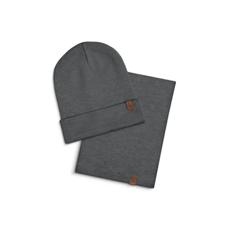 Dark Gray menique beanie and merino wool scarf set on a white background