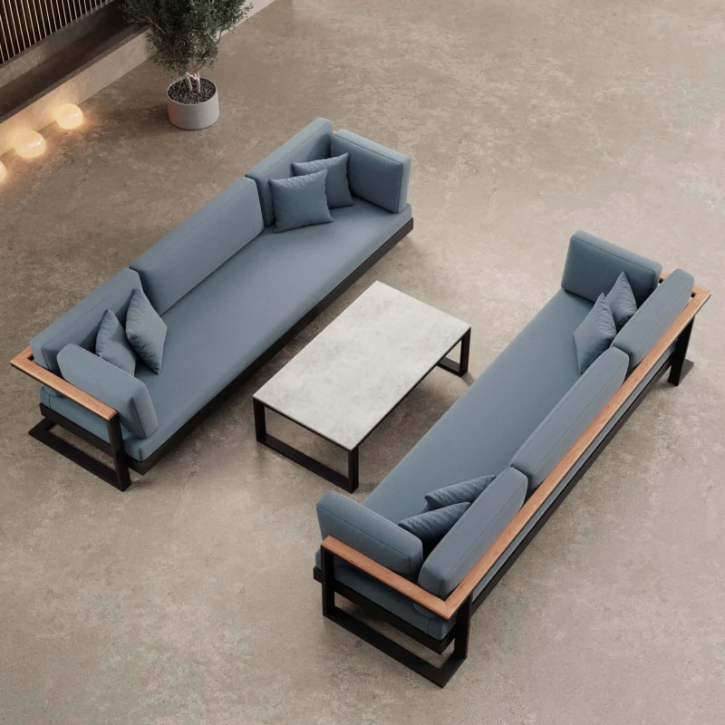Vayla – 2 Dreisitzer & Tisch aus schwarzem Aluminium | Aevora™ Kollektion