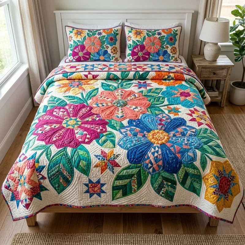 Vibrant Patchwork Flower Bamboo Quilt Bedding Set