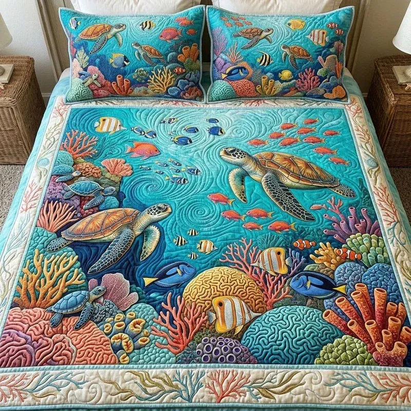 Vibrant Turtle Bamboo Quilt Bedding Set