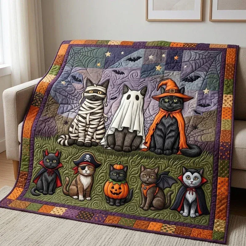 Witchy Halloween Cats Bamboo Quilt Blanket
