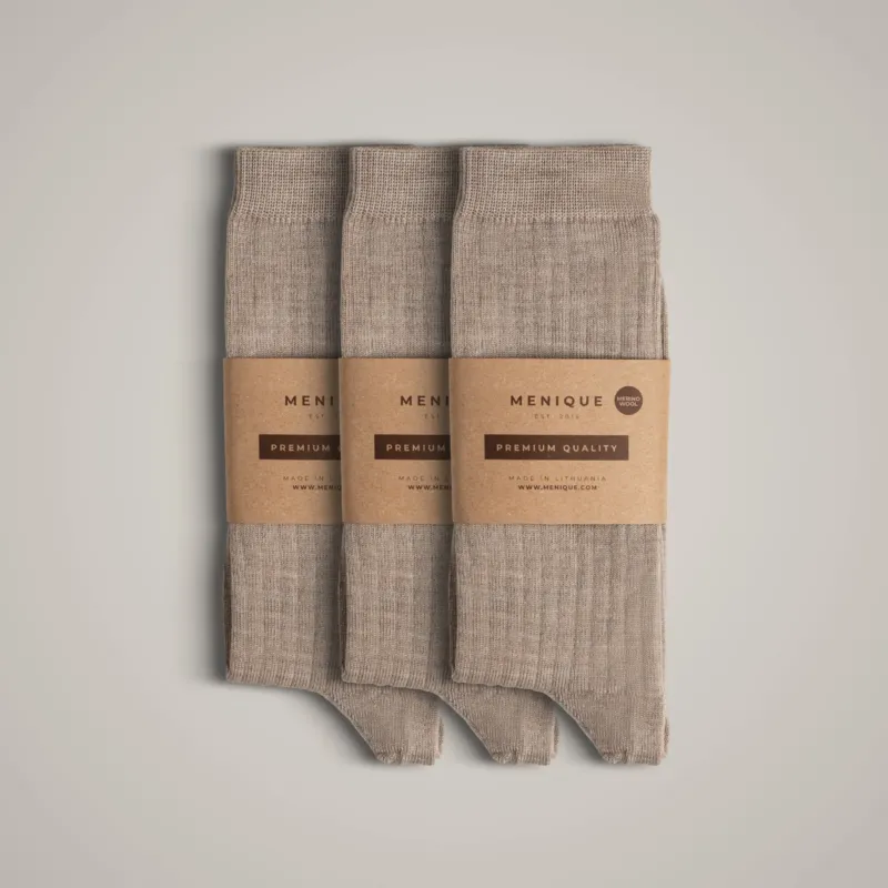 Women’s 85% Merino Wool Rib Thin Socks 3-Pack in Beige – lightweight, breathable, premium quality everyday socks.