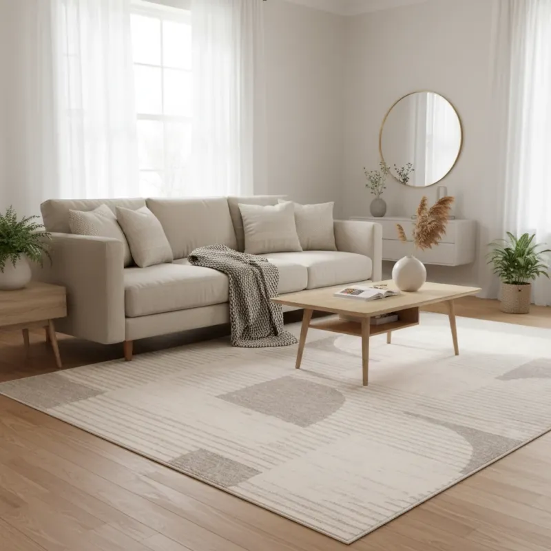 Contemporary geometric abstract area rug in cream and taupe tones with curved shapes and stripe texture styled in a family room under a coffee table and sofa — modern Scandinavian design