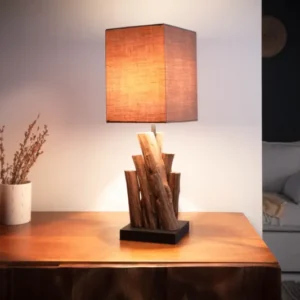 Handgefertigte Tischlampe PURE NATURE 45cm Akazienholz mit Baumwollschirm