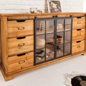 HERITAGE Massives Sideboard 148cm natur Pinie Industrial-Türen Metall Vitrine