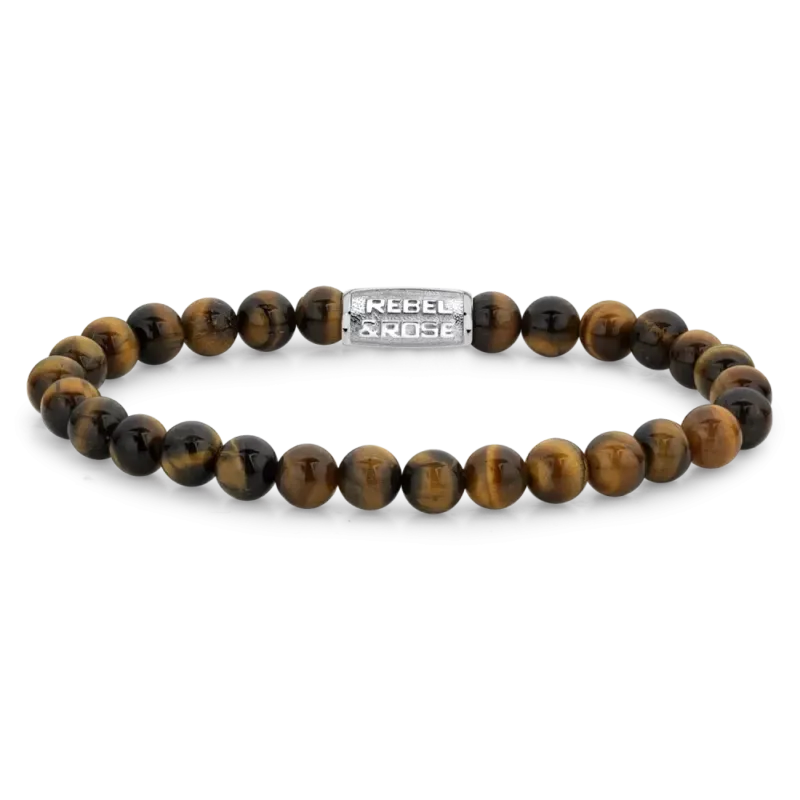 Armband aus Tigerauge-Perlen mit Edelstahlverschluss und Rebel & Rose Logo