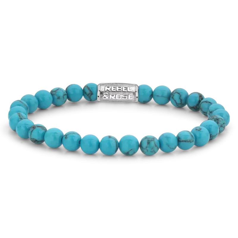 Armband mit türkisfarbenen Turqurenit-Perlen und Edelstahlverschluss mit Rebel&Rose Gravur