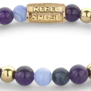 Armband aus violetten und hellblauen Steinen mit goldfarbenen Akzenten und Verschluss