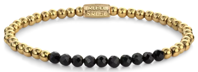Armband mit schwarzen facettierten Spinelperlen und goldfarbenen Edelstahlperlen