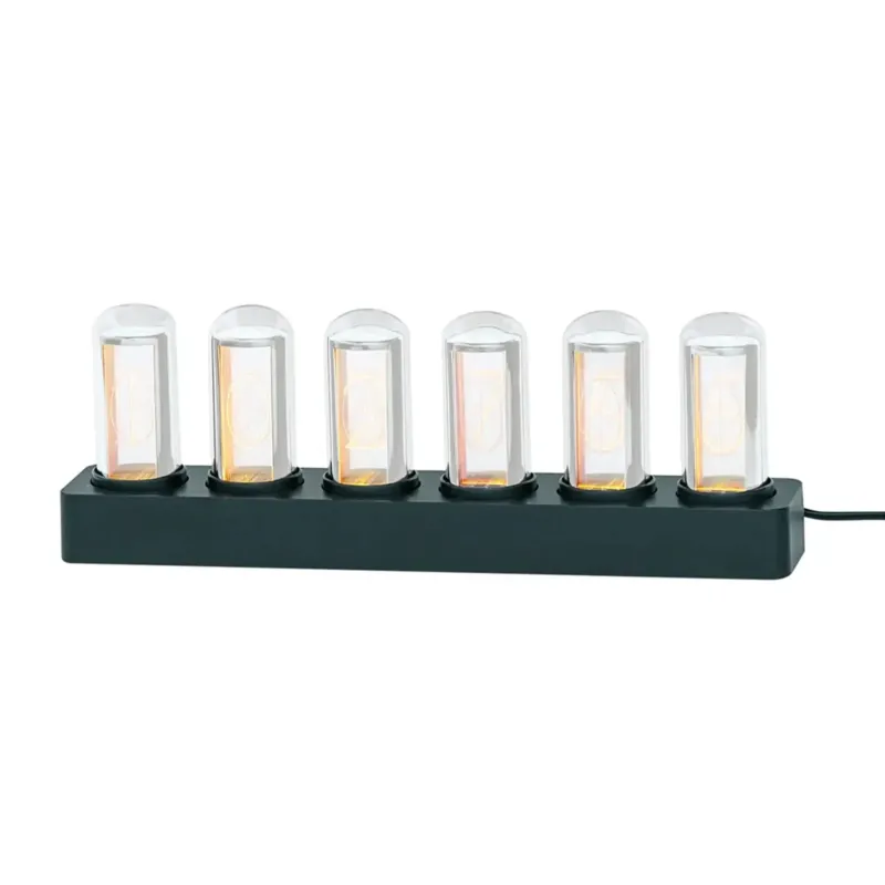 Tischuhr mit sechs Glasröhren, schwarzer Basis und gelb leuchtender LED-Anzeige.