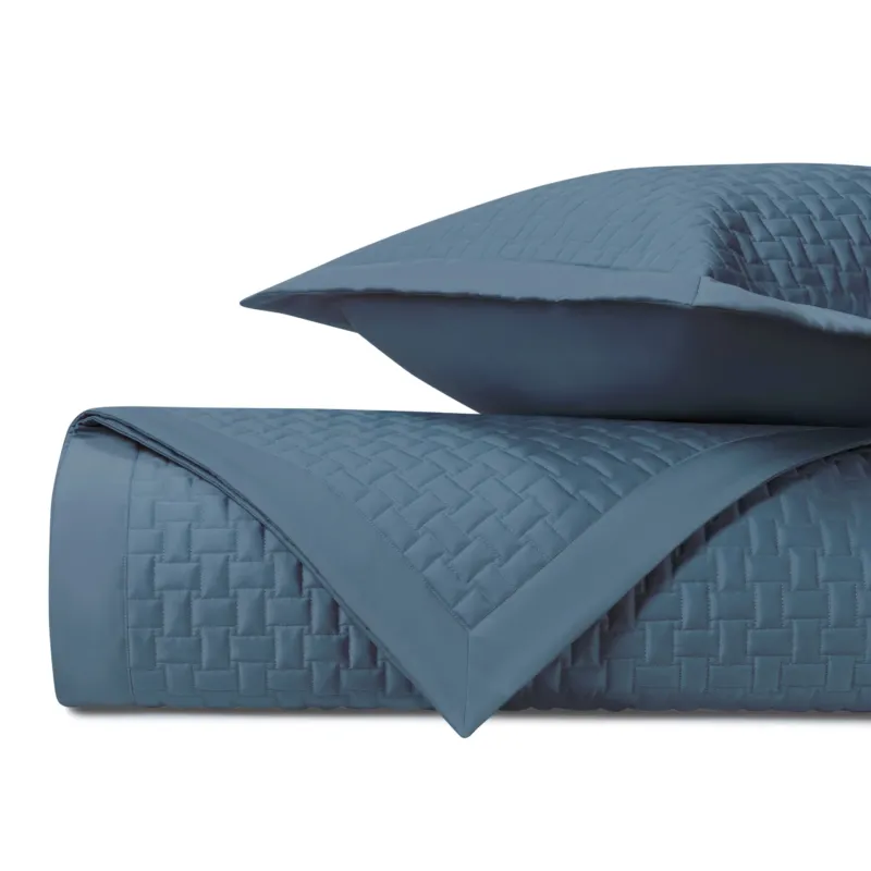 Home Treasures Wicker quilted coverlet and euro sham set in slate blue basketweave pattern.